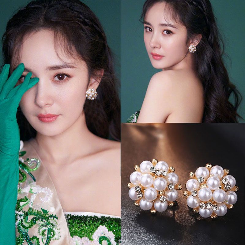 [1-2对]气质百搭简约时尚几何镶钻耳钉女甜美优雅仿珍珠花瓣耳环
