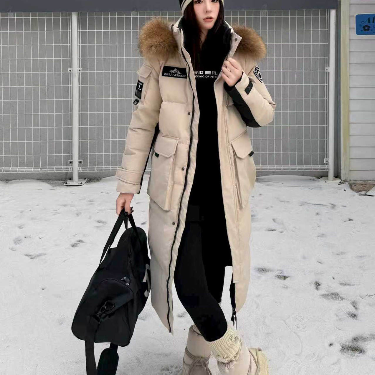 鸭宝宝长款大毛领东北工装情侣男女同款休闲工装90白鸭绒保暖