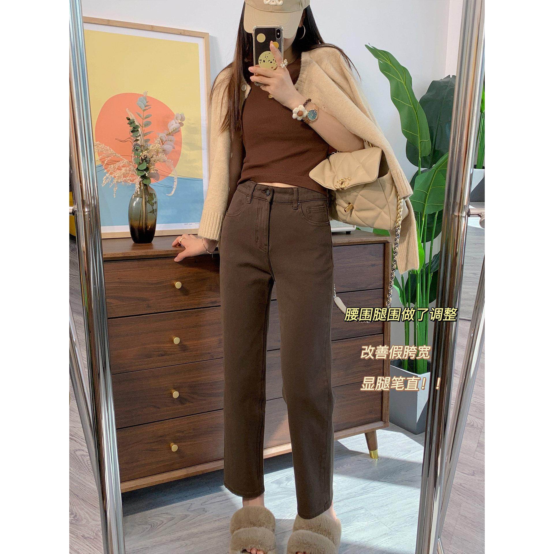 加绒加厚咖色直筒牛仔裤女秋季新款小个子高腰宽松弹力九分烟管裤