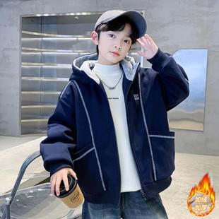 男童秋冬加绒卫衣外套洋气儿童冬装休闲加厚连帽棒球服中大童棉衣