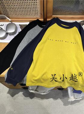 w1599男童打底衫秋款宽松韩版拼色数码印花棉t恤中大童