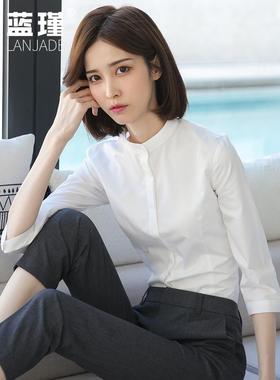 白色立领七分袖衬衫女设计感小众上衣2025圆领职业正装面试白衬衣