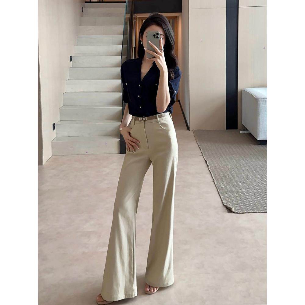 美娜卡其直筒西裤女2025新款老钱风遮胯微喇裤百搭高腰休闲裤子