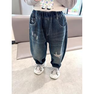 巨百搭男童加绒破洞牛仔裤2025秋冬季中小童宝宝韩版一体绒休闲裤