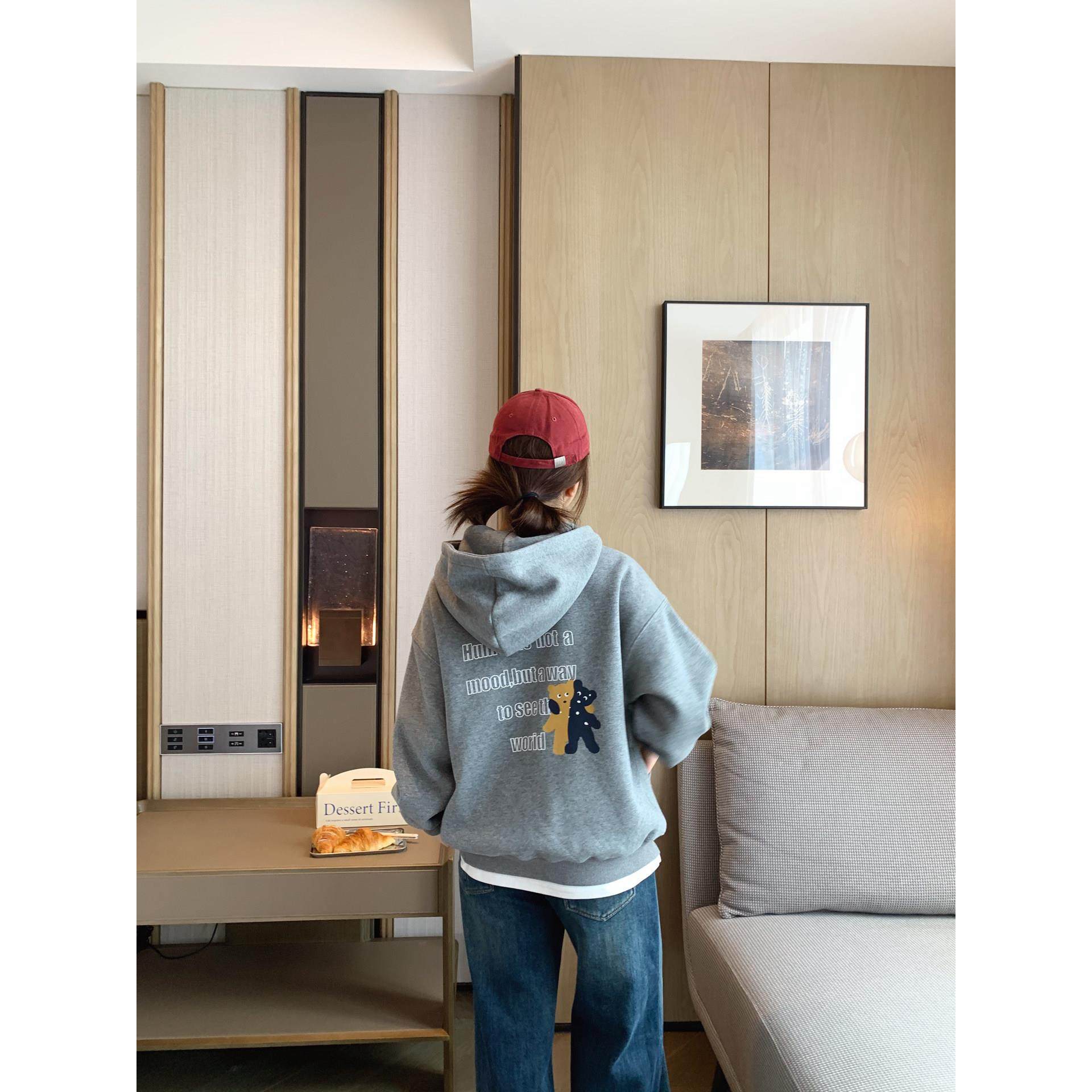 女大童韩版加绒连帽卫衣2025冬装新款初中生休闲半开领保暖厚上衣