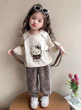 女童春秋款套装2025新款洋气时髦儿童豹纹女宝宝秋季秋装运动卫衣