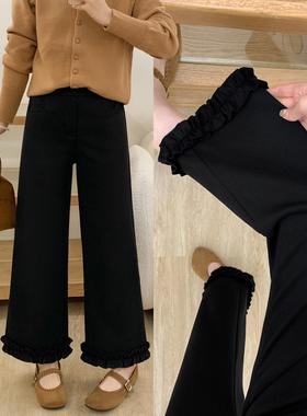 黑色木耳边休闲裤女秋冬加绒加厚小个子阔腿裤高腰宽松显瘦梧桐裤