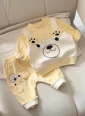 秋季新款宝宝分体套装纯棉背带拼接小熊卫衣春秋外穿衣服外出长袖