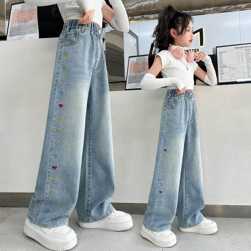 女童裤子春夏2025新款洋气中大童窄版阔腿裤夏季儿童直筒牛仔裤薄