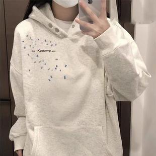 美式高街纯棉白灰色连帽卫衣女大童秋冬爆款初中学生宽松加绒外套