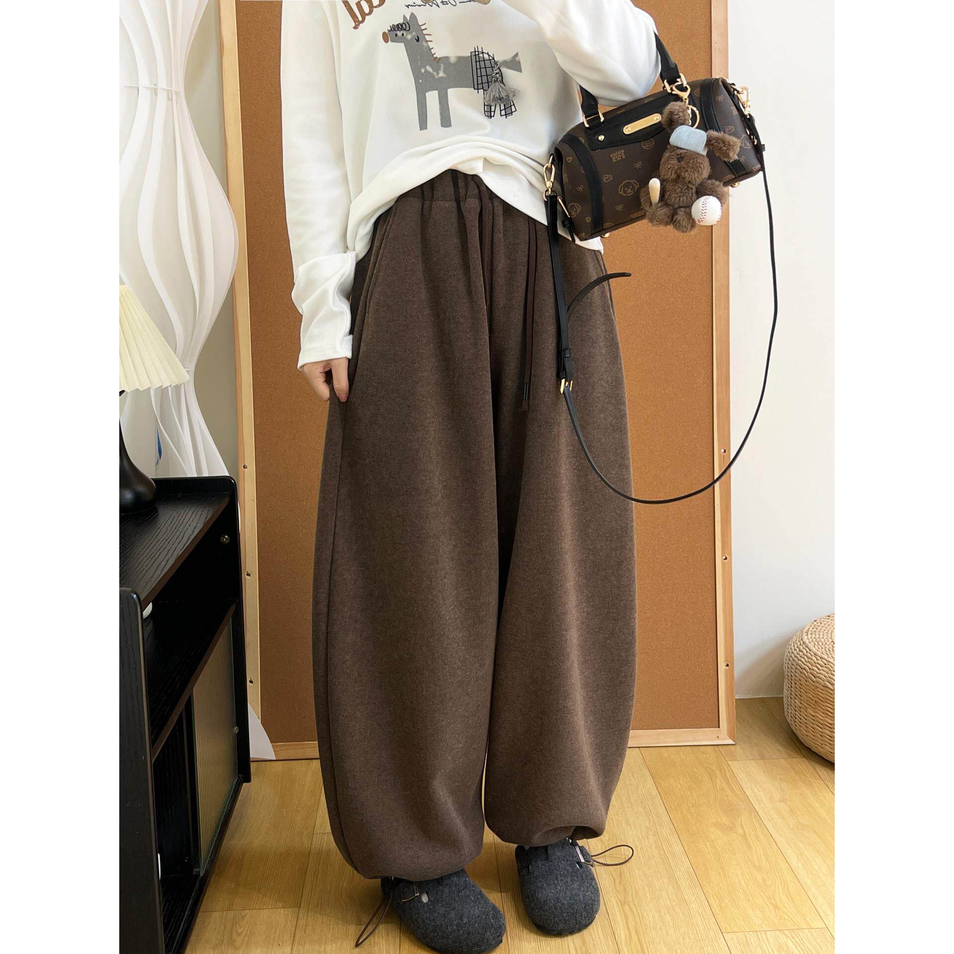 高级感百搭磨毛加绒加厚休闲裤冬季松紧腰阔腿束脚两穿毛呢长裤女