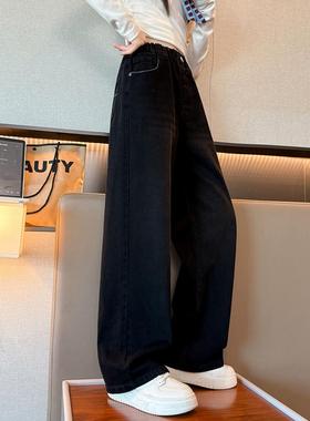 女童黑色裤子2025新款秋装女孩时尚休闲窄版直筒阔腿裤儿童牛仔裤