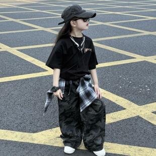 男女童夏季潮酷休闲 街舞风痞帅迷彩阔腿裤中大童宽松短袖T恤套装