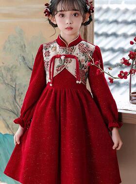 女童旗袍新款连衣裙2025拜年新中式国风喜庆长袖加绒加厚女孩裙子