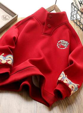 男童加绒卫衣2024冬季儿童加厚保暖上衣中大童百搭洋气新年拜年服