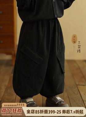 砚台家男童纯棉黑色工装裤2025秋冬款童装裤子儿童百搭长裤潮酷帅
