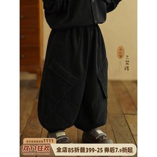 砚台家男童纯棉黑色工装裤2025秋冬款童装裤子儿童百搭长裤潮酷帅