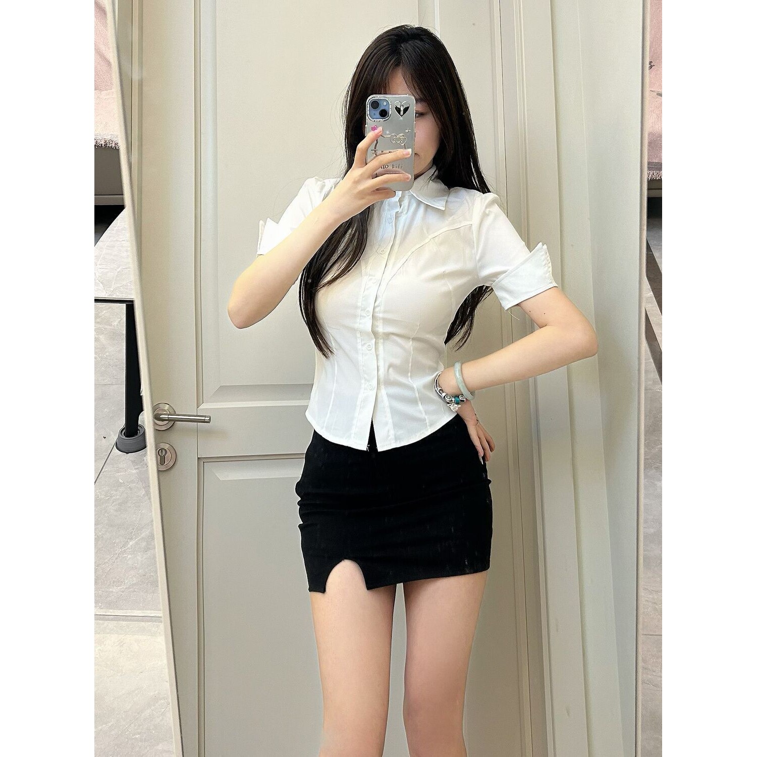 熊二jk新款白色衬衫女收腰显瘦通勤职业休闲套装女纯欲制服黑包臀