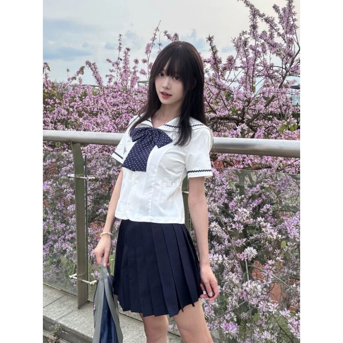 熊二jk原创日系中山道线水手服制服收腰显瘦白色娃娃领纯色短裙套