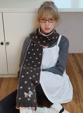 无题notitle 学院风卡通小鹿提花针织围巾保暖围脖花边