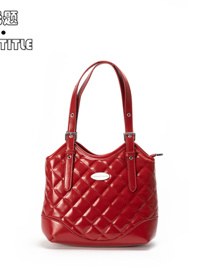 美式复古红色菱格水桶包单肩手提腋下托特包小众设计 无题notitle