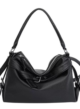 无题notitle 美式复古黑色软皮托特包大容量学院风单肩斜挎手提包