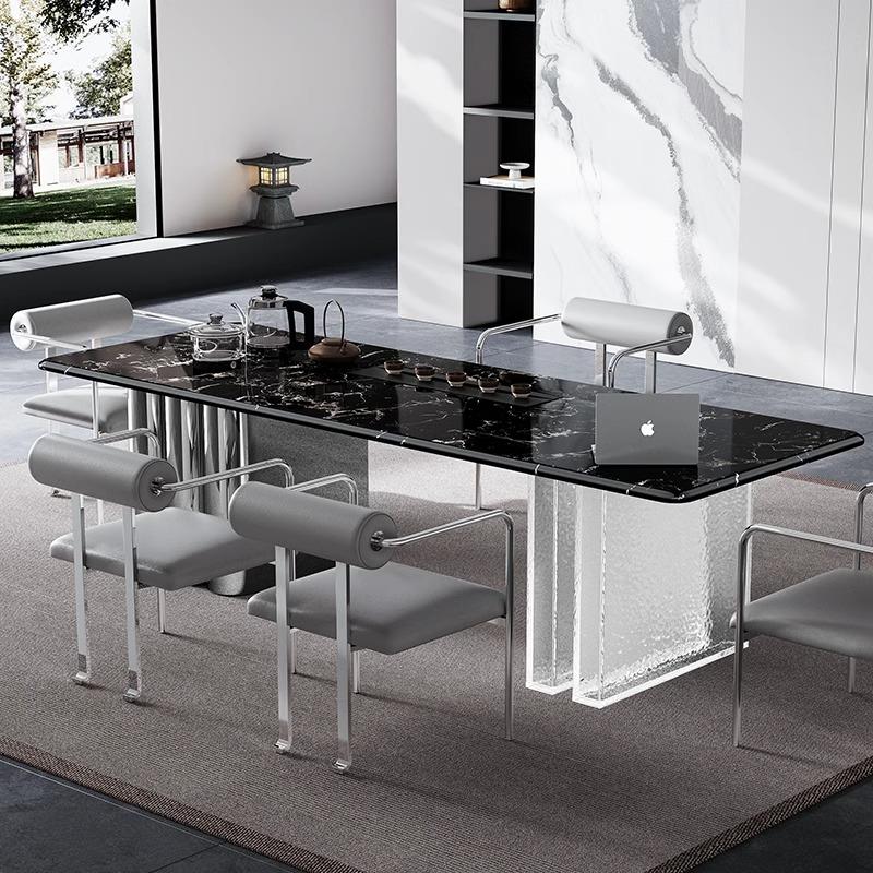 意式极简天然奢石茶桌现代简约家用大板茶台椅组合高级感别墅茶桌