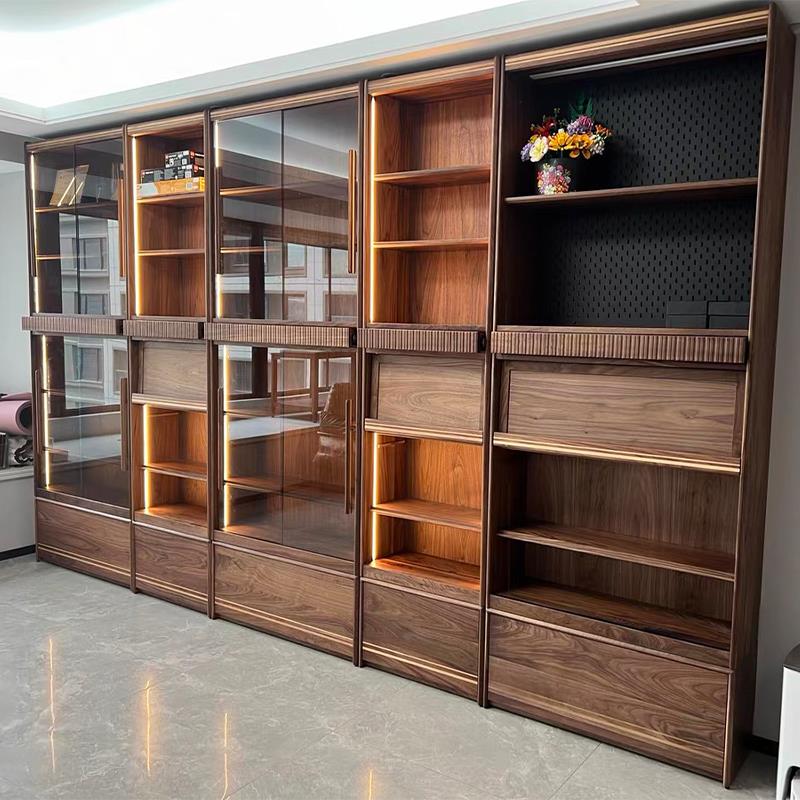 晨苏卡座书柜北美黑胡桃星罗满墙实木书架组合柜一体整墙客厅