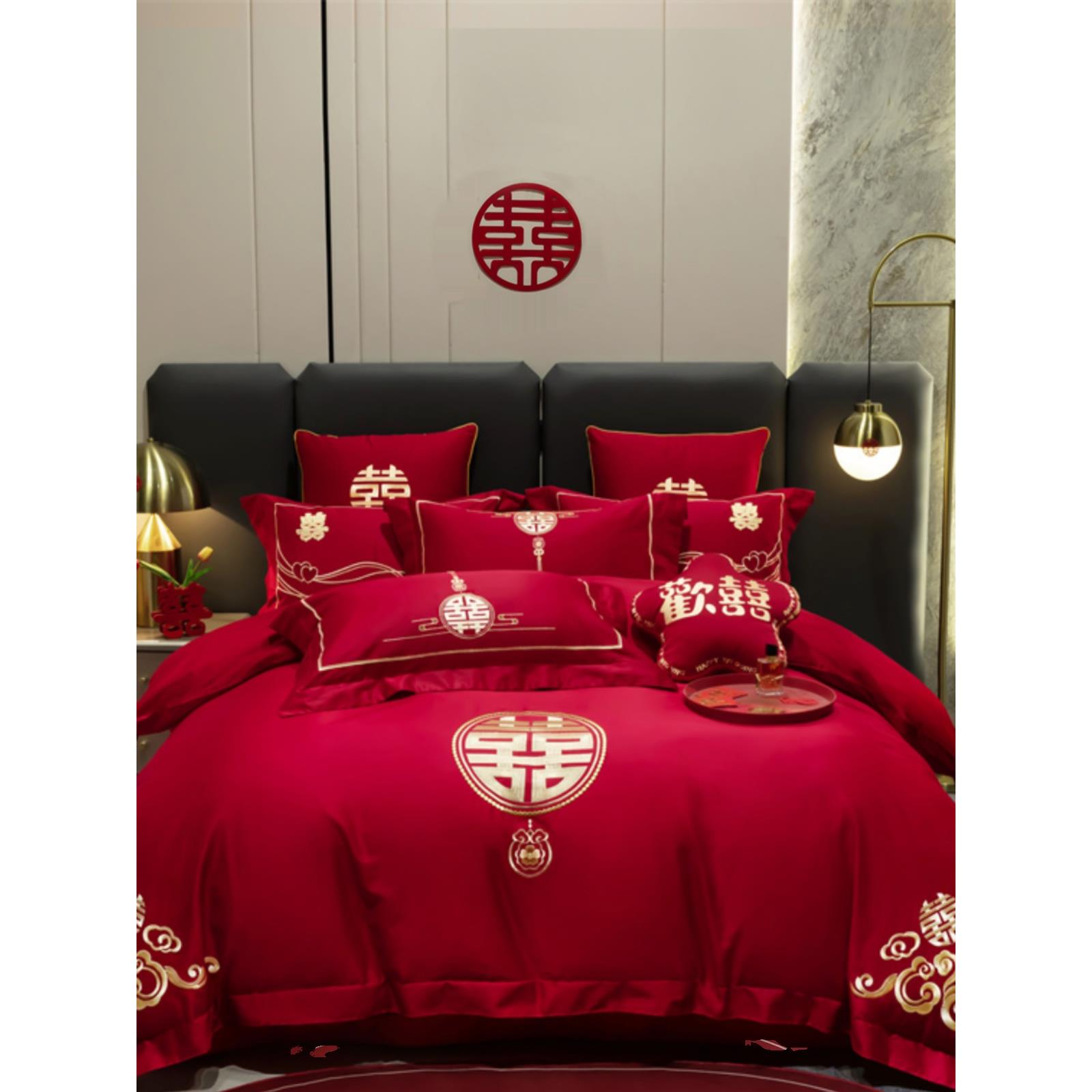 简约婚庆四件套大红全棉中式喜庆爱心新结婚房嫁礼床上用品床单笠