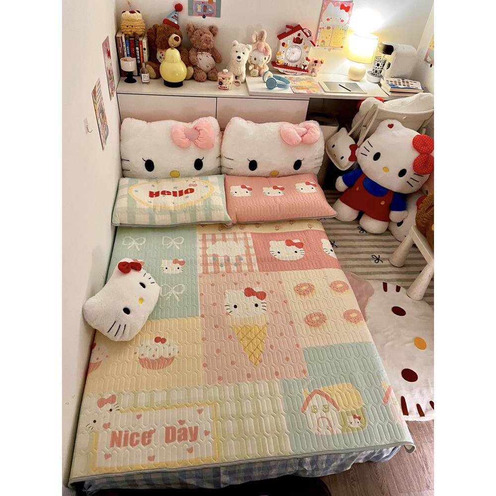 晚安猫可爱猫咪凉感丝乳胶凉席三件套少女心可水洗空调软席枕套