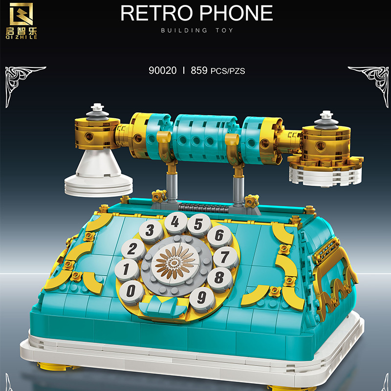 新款 启智乐92020复古电话机模型儿童益智拼插拼装小颗粒积木玩具
