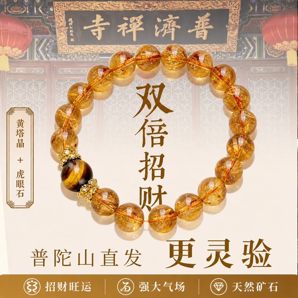 普陀山文创天然黄塔晶虎眼石手串黄水晶手链女招财转运珠旺财礼物