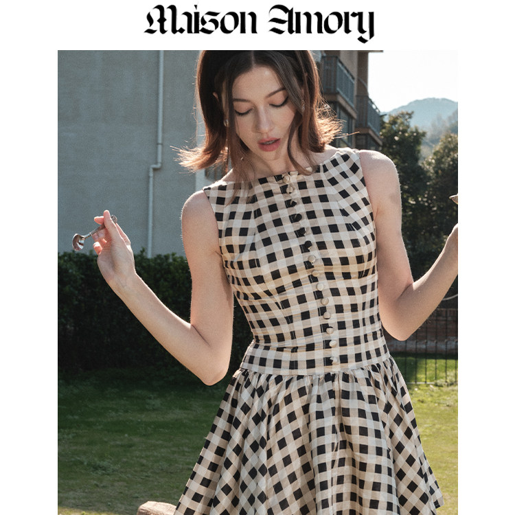 MaisonAmory黑色格子迷你连衣裙
