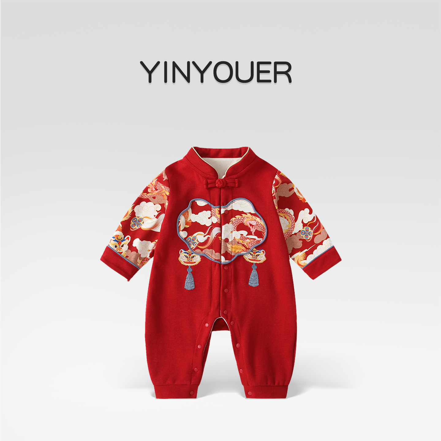 男女婴儿秋冬喜庆红色国风连体衣