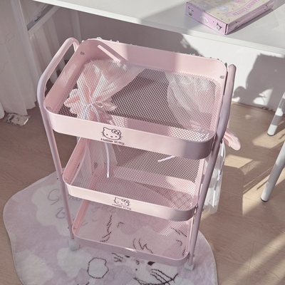 hellokitty粉色小推车置物架宿舍零食架多层可移动卧室收纳篮子