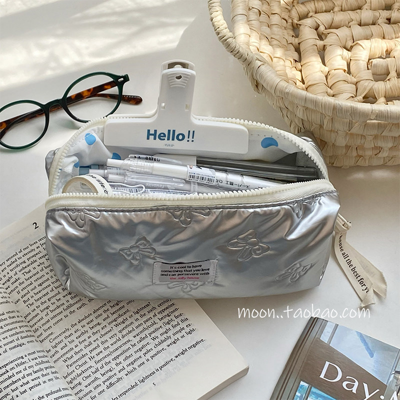韩国pu银色蝴蝶结笔袋高颜值女生新款收纳包大容量铅笔盒学生文具