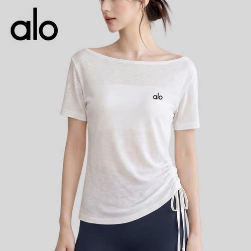 AIo薄款瑜伽服夏女抽绳显瘦透气宽松短袖跑步健身普拉提罩衫t恤衫