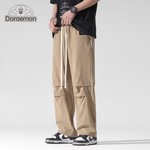 DORAEMON/哆啦A梦冰丝裤男宽松直筒褶皱凉感薄款户外运动伞兵裤子