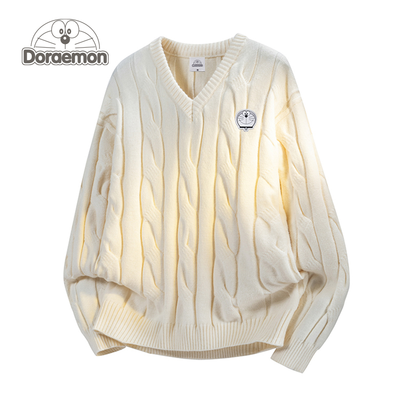哆啦A梦麻花v领针织衫男女冬季新款2025宽松休闲慵懒长袖情侣毛衣