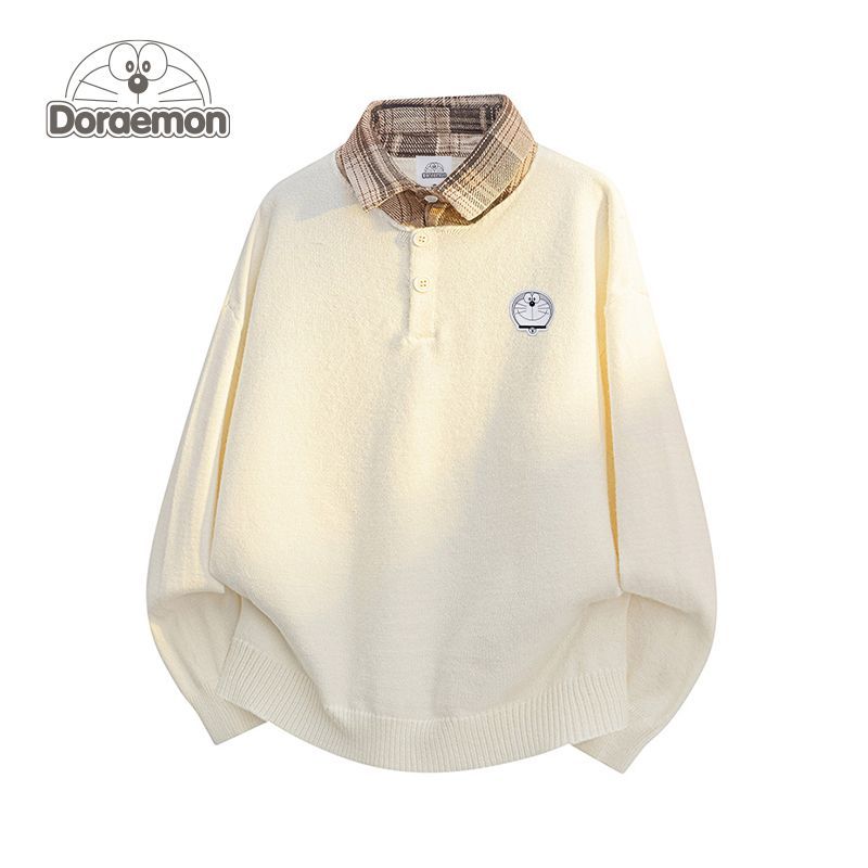 哆啦A梦衬衫领毛衣男女冬季新款宽松休闲拼