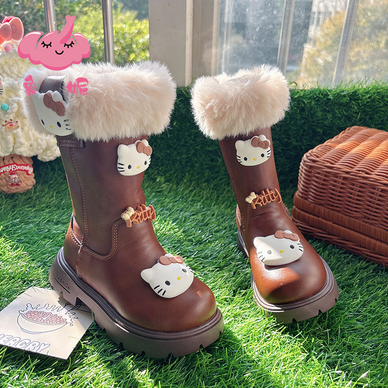猫咪女童皮靴冬季新款加绒加厚女宝公主长筒靴儿童洋气马丁靴保暖
