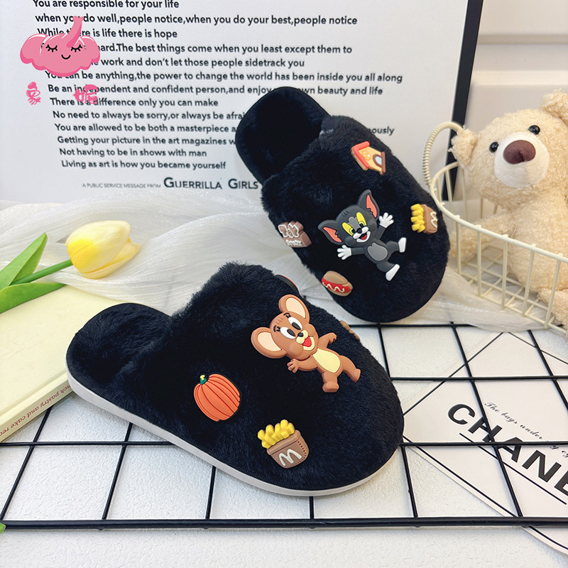 秋冬款黑色萌趣棉拖鞋儿童2026新款女孩宝宝毛绒包头棉鞋男童家居