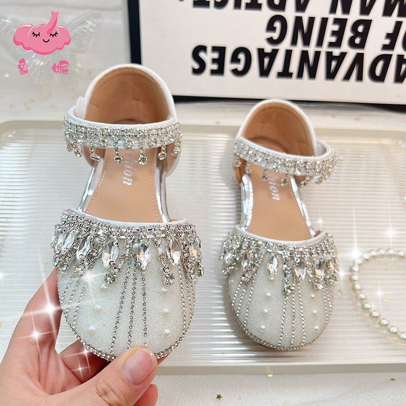 夏季新款女童公主鞋儿童皮鞋小女孩水钻礼服单鞋银色平跟演出鞋子