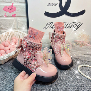 女童亮片马丁靴单靴儿童2025新款女孩粉色靴子中大童秋季皮靴洋气
