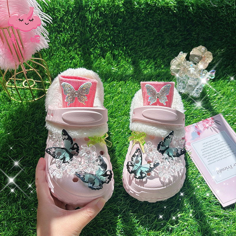 儿童暖棉洞洞鞋外穿加绒秋冬款女童防滑毛毛棉拖鞋室内冬天可拆洗