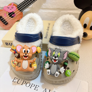 男童暖棉洞洞鞋加绒亲子拖鞋室内家居秋冬冬天新款儿童可外穿时尚