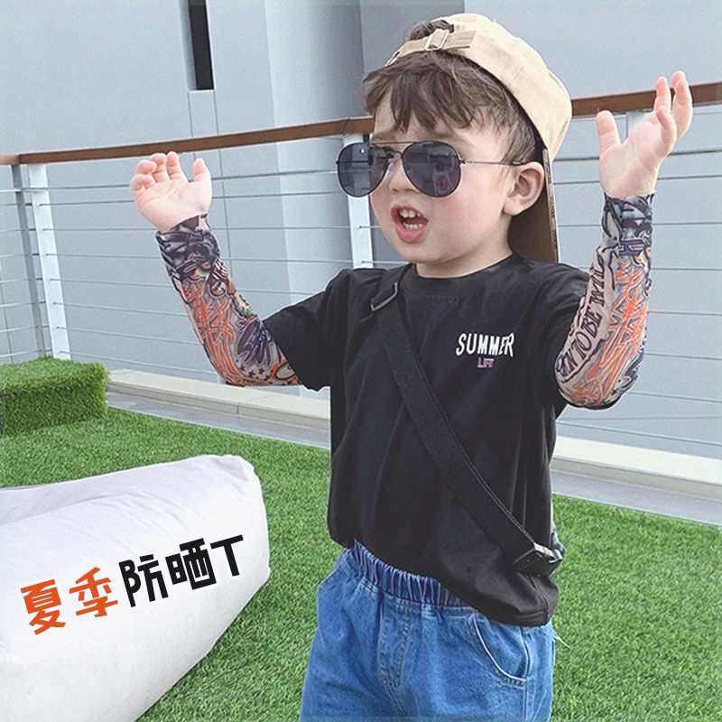 男童宝宝夏季T恤小童花臂纹身长袖假两件上衣薄款儿童纯棉潮