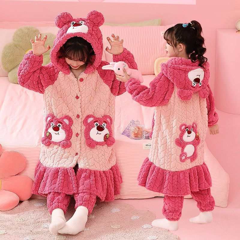 女童睡衣秋冬法兰绒男孩加厚中长款睡袍可爱中大童儿童家居服套装