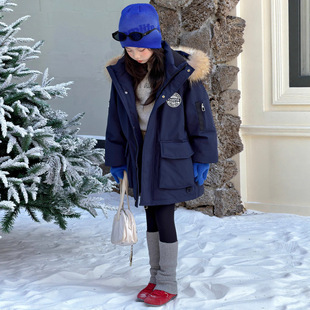 女童90白鸭绒羽绒服中大童冬装真毛领长款工装派克服童装保暖外套