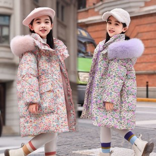 爆款儿童羽绒服女童宝宝中长款碎花洋气中大童女孩加厚鸭绒外套冬